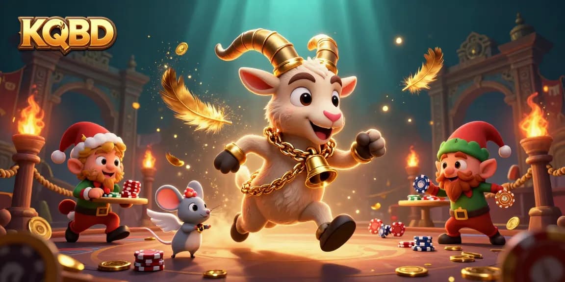 Win big with KQBD at a vibrant holiday-themed casino scene filled with festive characters and sparkling effects.