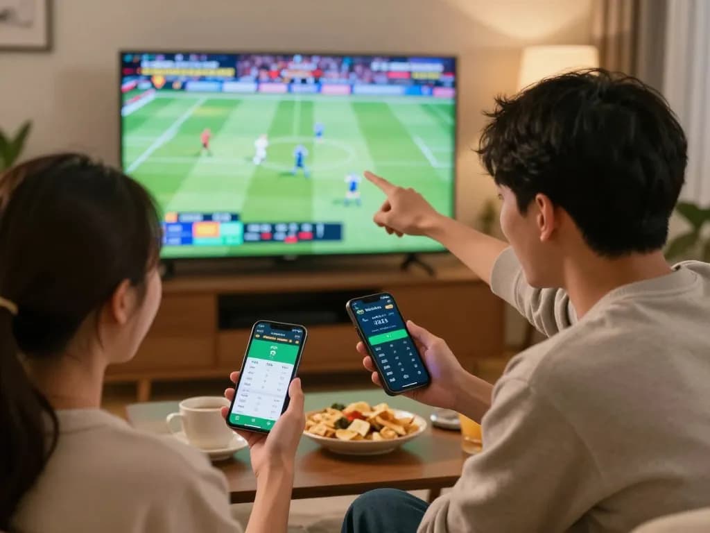 Engaging scene of friends using keo nha cai app for exciting sports betting during a game night.