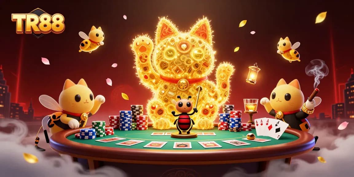 TR88 showcases an artistic scene with golden fireflies and poker elements creating a vibrant casino atmosphere.