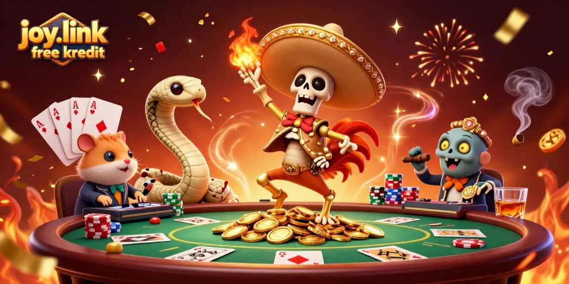 Engage in vibrant poker action with joy.link free kredit as a mariachi rooster celebrates amidst gold coins and casino elements.