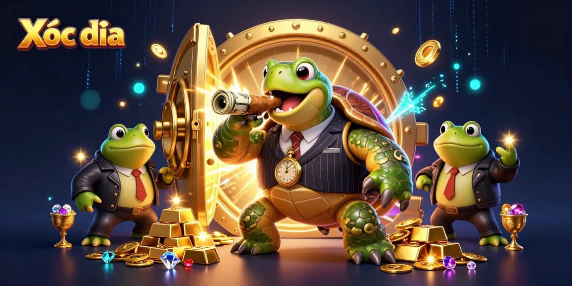 Xóc đĩa game scene with a massive snapping turtle mobster and bullfrog enforcers, casino treasures shining around