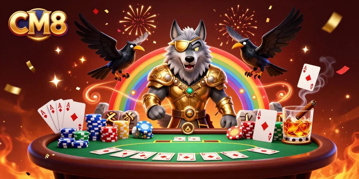 Engage with CM8's thrilling casino atmosphere featuring Odin and ravens among vibrant gaming elements.