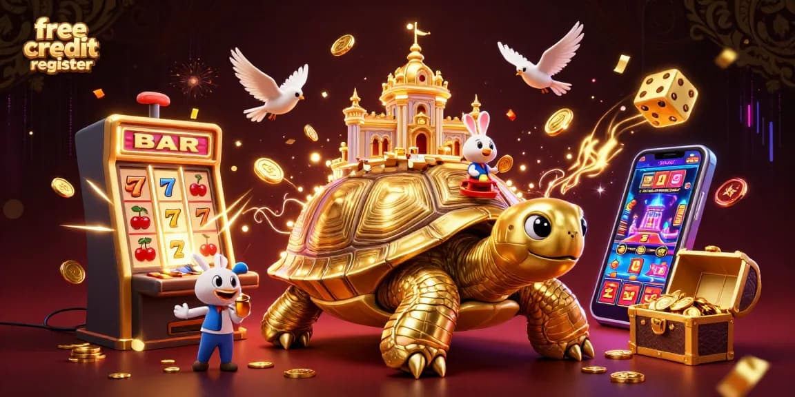 Witness an exciting scene of free credit register with golden tortoise, rabbit dealer, and jackpot explosion!