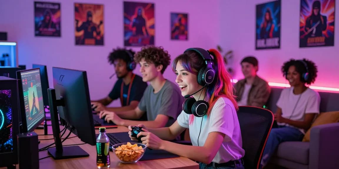 Group of friends enjoying a hentaigame session in a cozy living room with gaming decor.