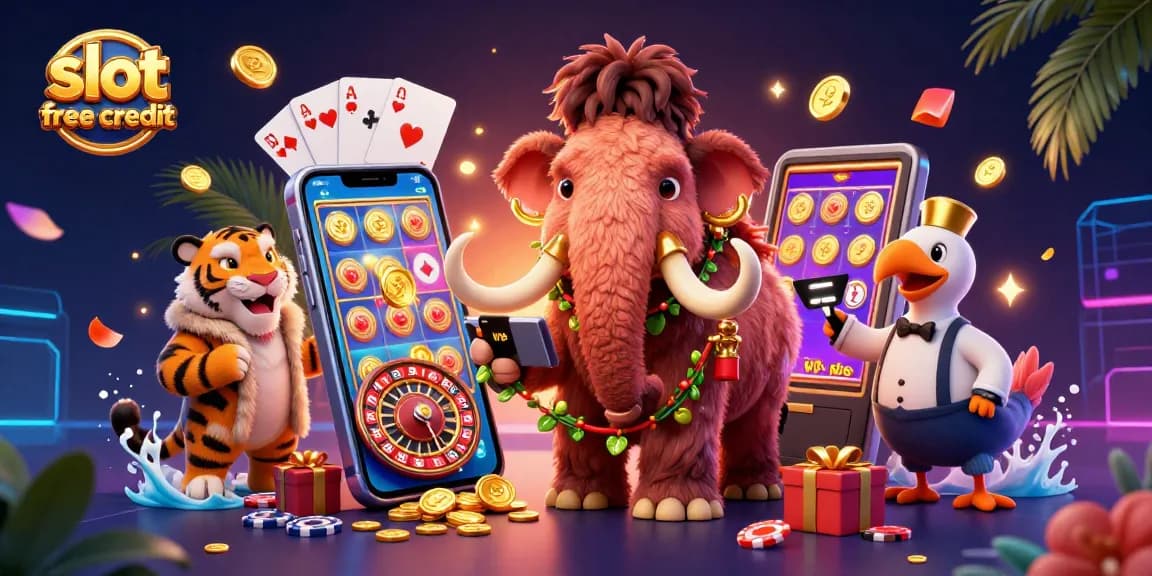 Engage with slot free credit opportunities offered by a vibrant 3D casino scene with playful characters.