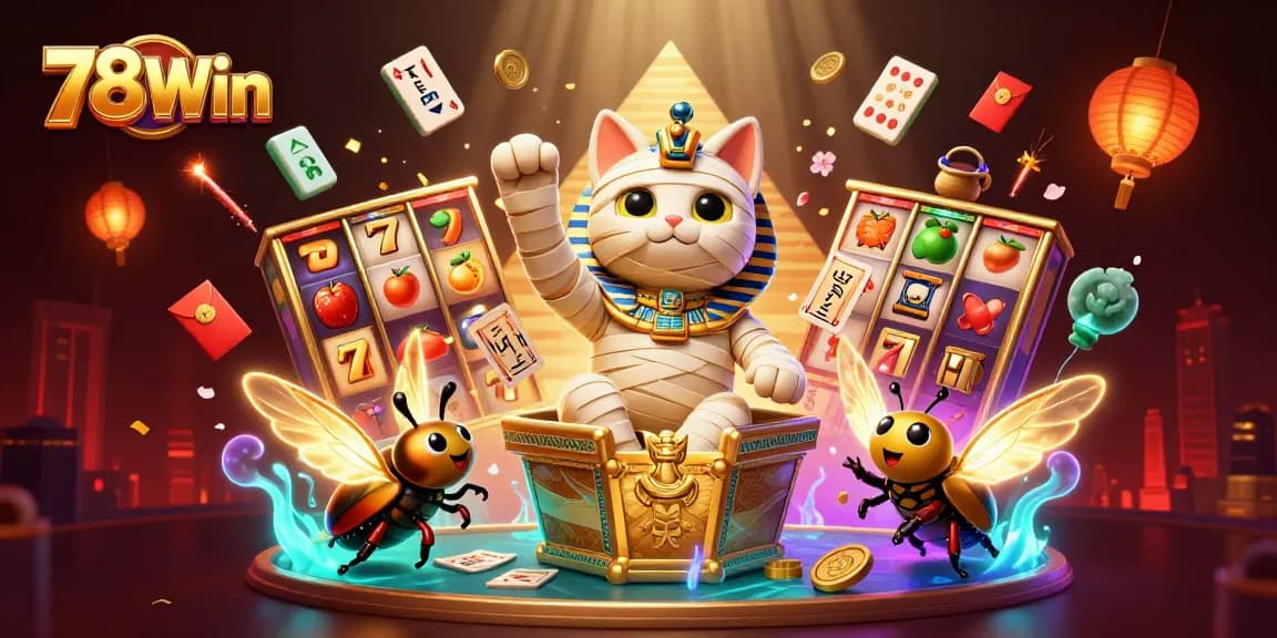 Experience thrilling gameplay with 78Win as the Egyptian mummy cat and scarab in a vibrant casino