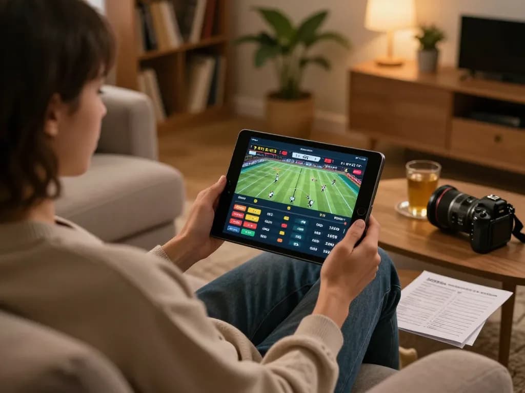 Person strategizing betting odds at home, using tablet for live updates on ty le keo nha cai