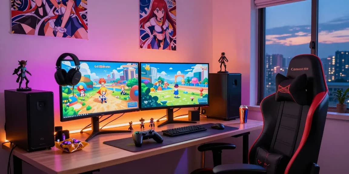 Cozy gaming setup with ecchi game displayed on monitors in a warm atmosphere.