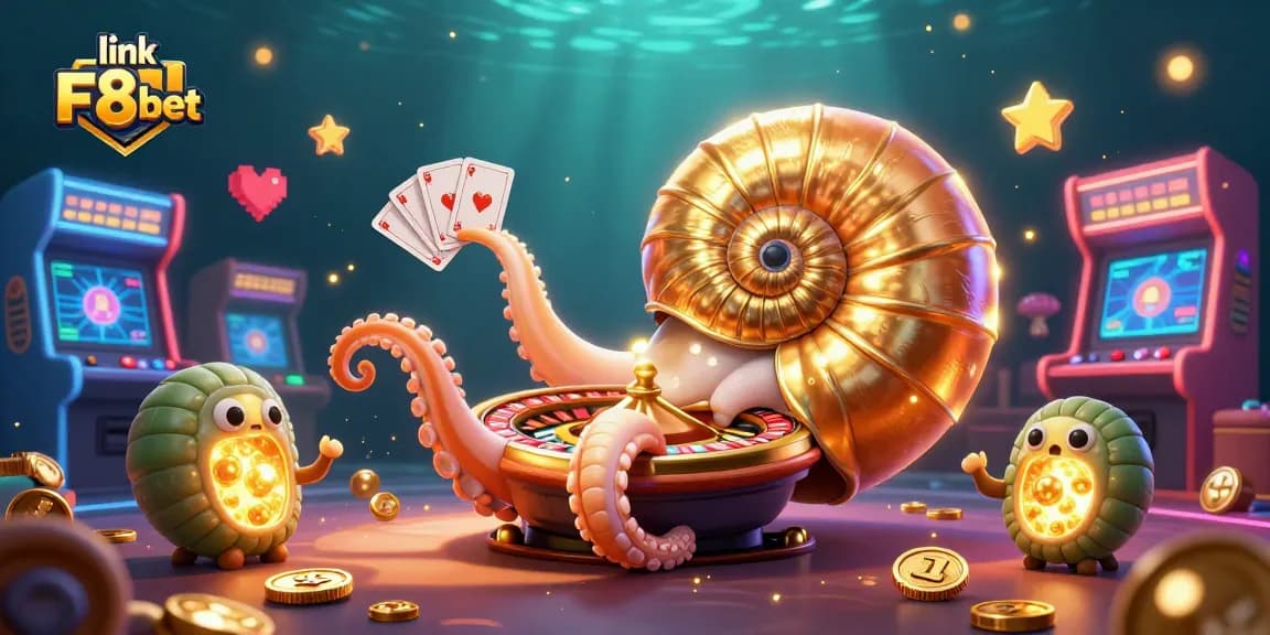 Engaging players with link F8bet in a colorful casino environment featuring a giant nautilus roulette wheel.