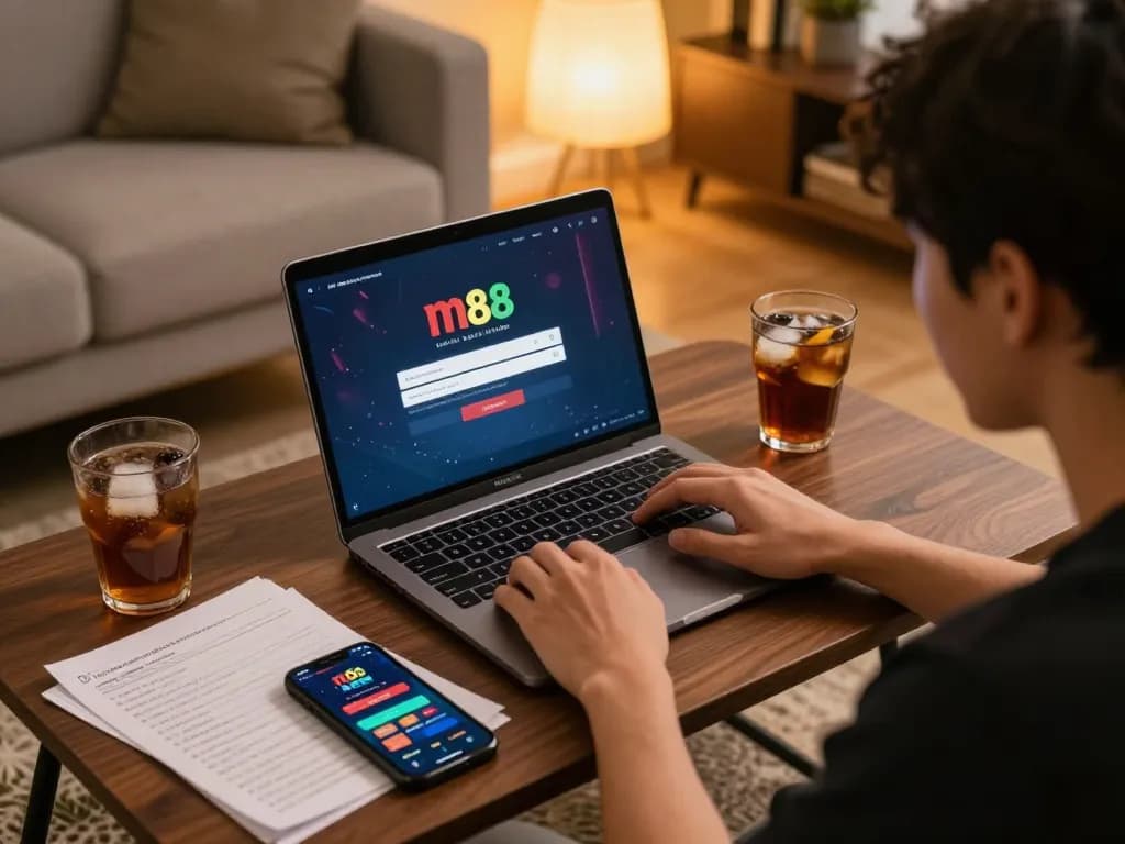 Engaging online gaming scene showcasing m88 Malaysia login on laptop, relaxed gambling atmosphere.