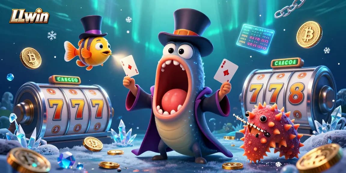 Catch LLwin's thrilling jackpot action with cartoon characters in a vibrant casino scene.