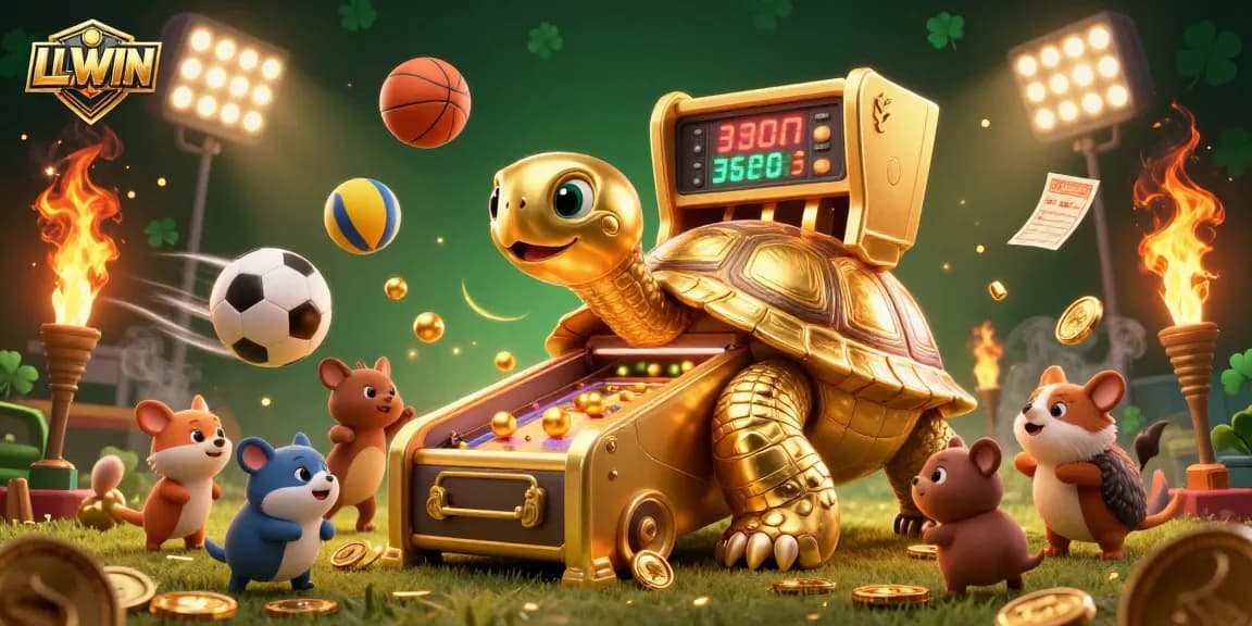 Experience high-stakes action with LLWIN's colossal golden tortoise pinball machine amidst 3D sports elements.