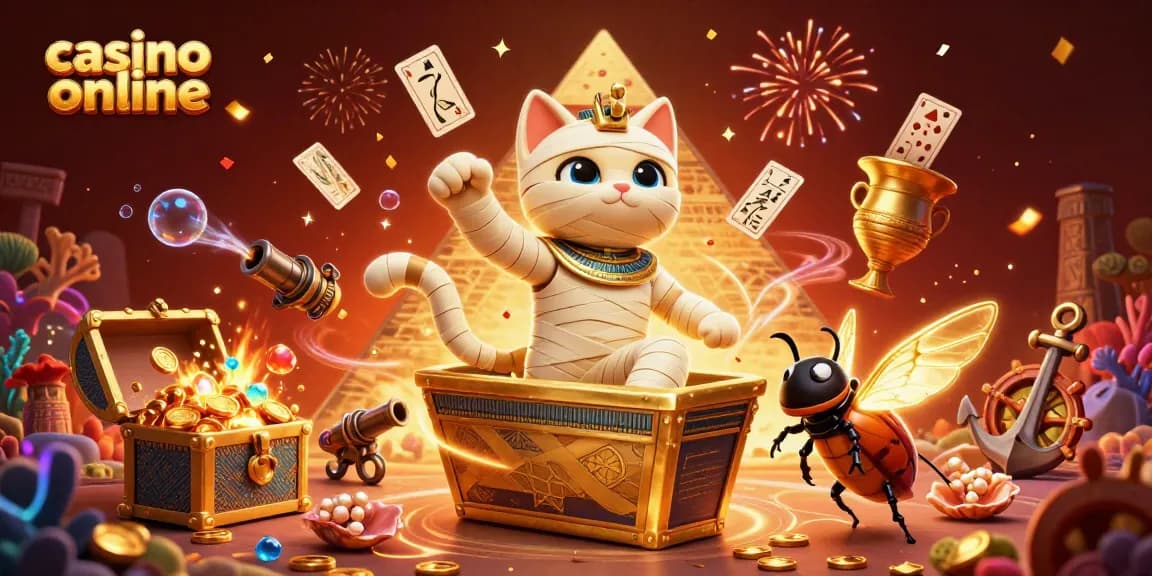 Experience casino online excitement with an Egyptian mummy cat and treasures in a vibrant casino scene