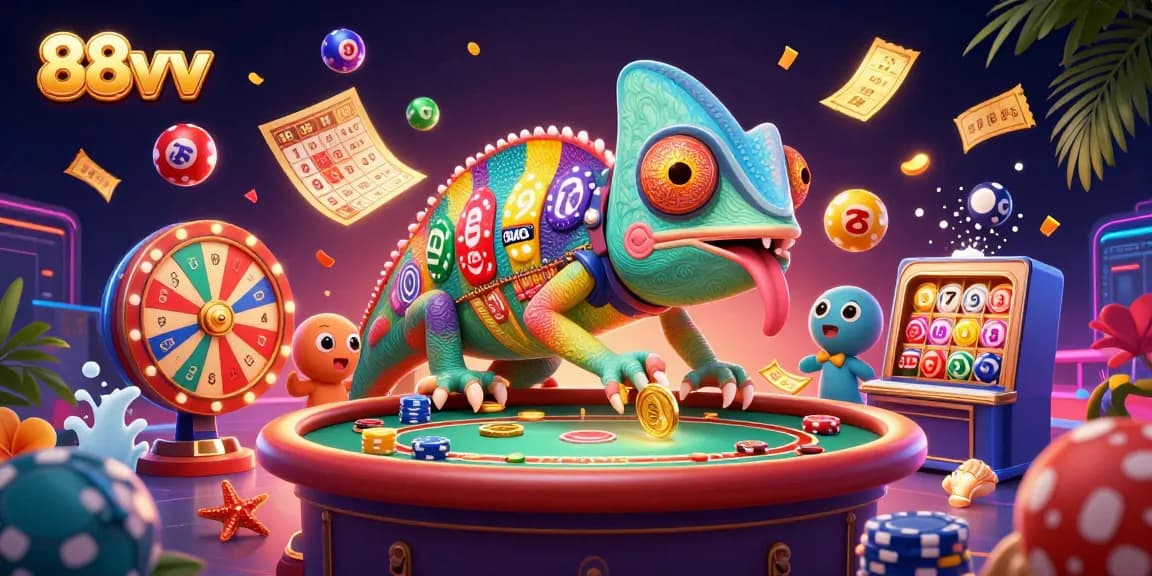 Immerse in the 88vv casino world with colorful elements and a chameleon casino owner.