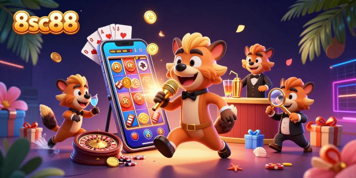 8sc88 showcases a vibrant 3D illustration with hyenas in a comedic casino scene featuring dynamic gambling elements.
