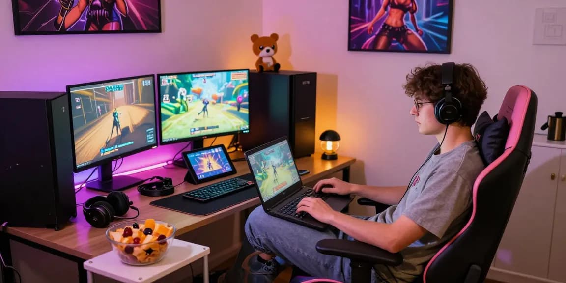 Play porn games online in a cozy gaming setup with colorful LED lights and vibrant atmosphere