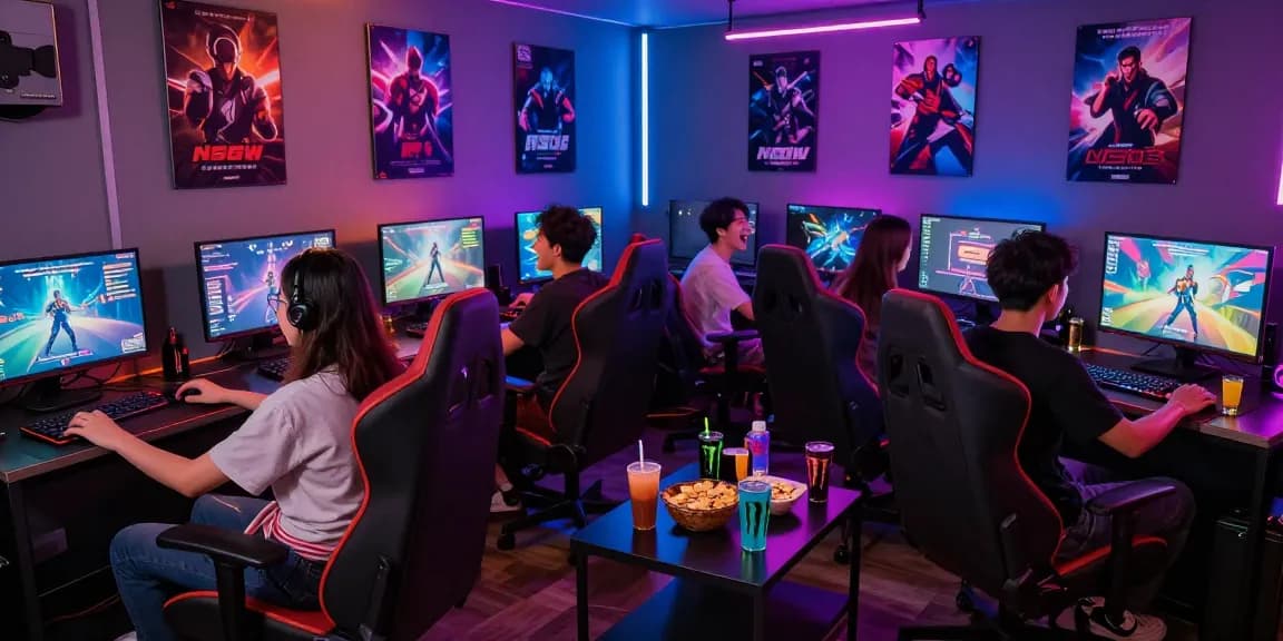 Engaging scene of friends enjoying NSFW games in a vibrant gaming lounge.