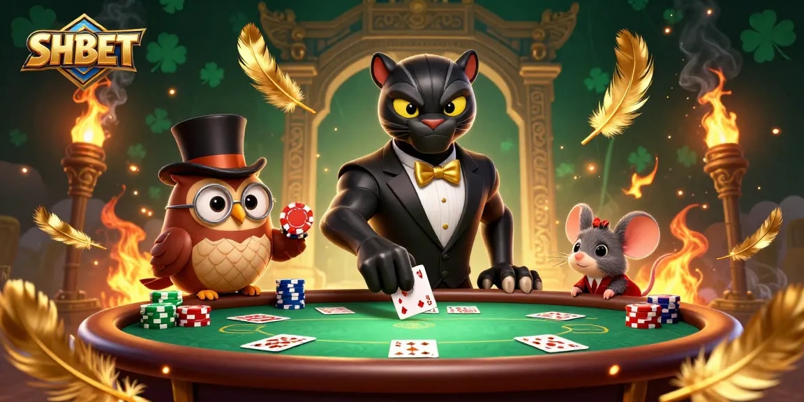 Engage with SHBET’s thrilling poker scene featuring a stylish panther dealer and lively characters.