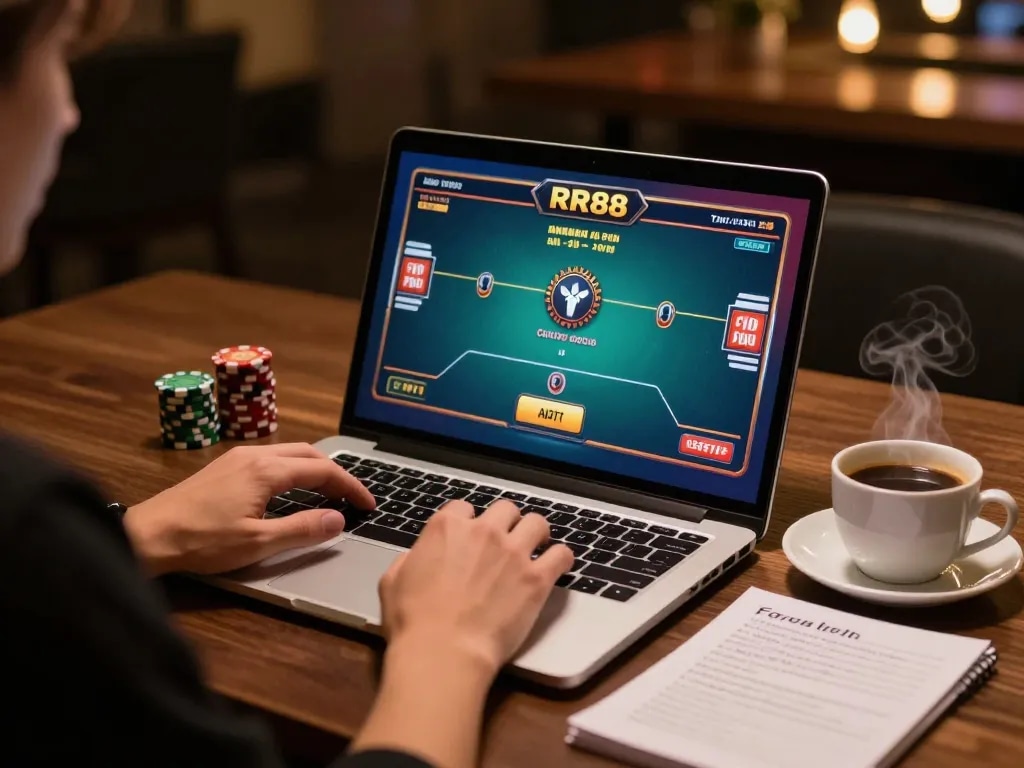 Engaging in strategic gaming on RR88 with dynamic poker gameplay on screen and strategic notes.