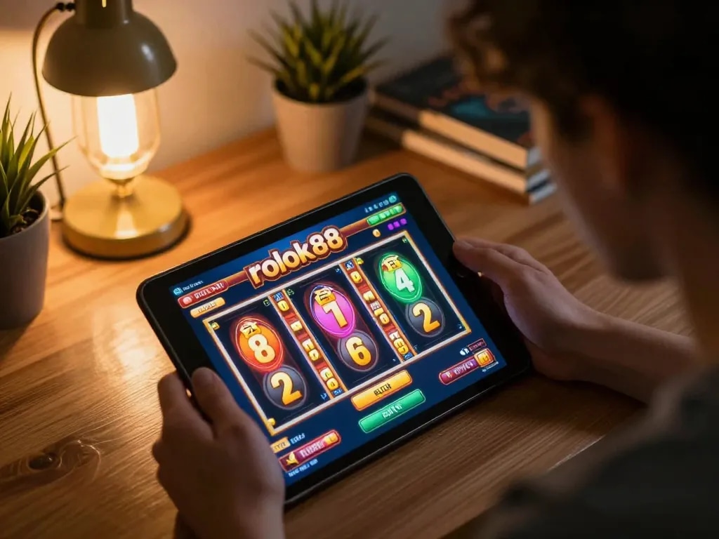 Player enjoying rokok88 slot game on tablet, showcasing a vibrant online gaming experience.