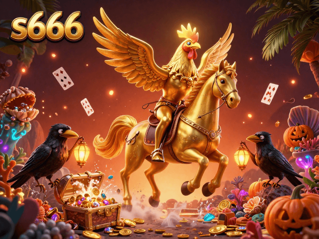 S666 players enjoy thrilling casino experiences with a golden rooster and glowing treasures amidst vibrant gaming action.