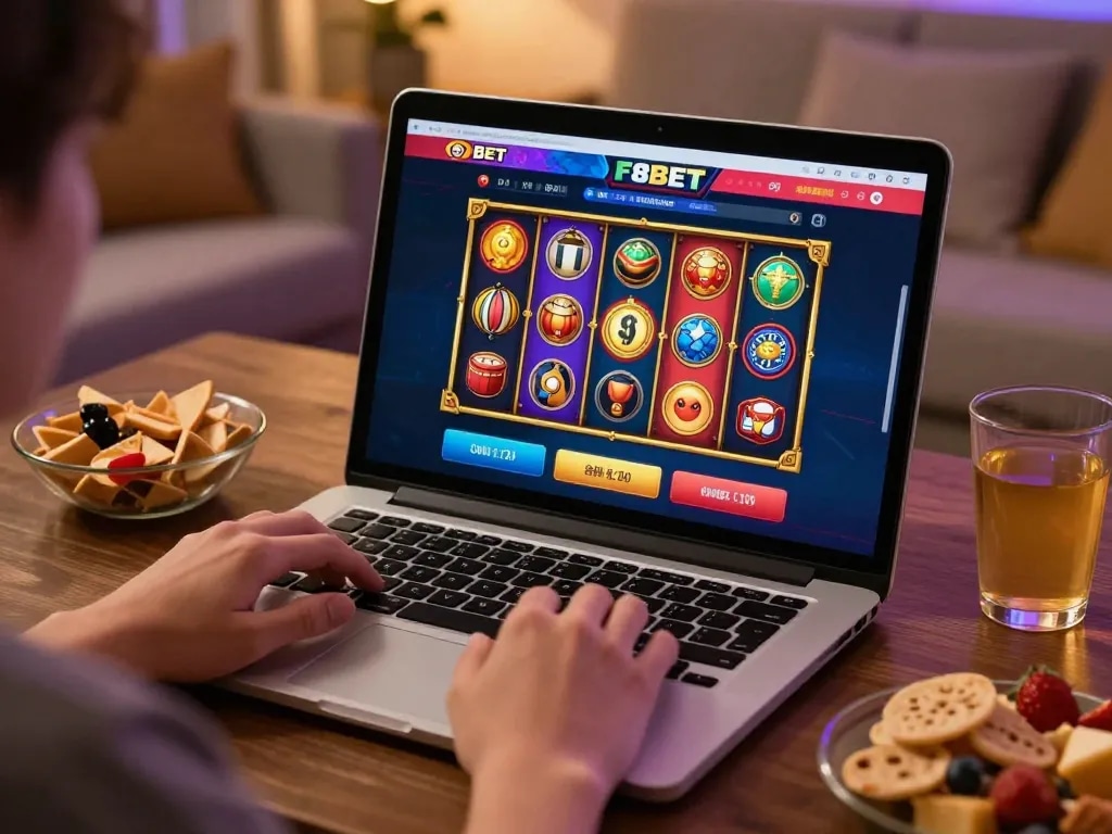 Player using the F8BET casino app on a laptop in a cozy home setting.