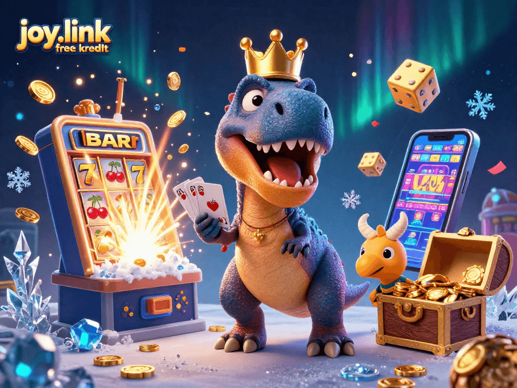 Experience joy.link free kredit with a vibrant casino-themed illustration featuring a card-shuffling T-Rex!