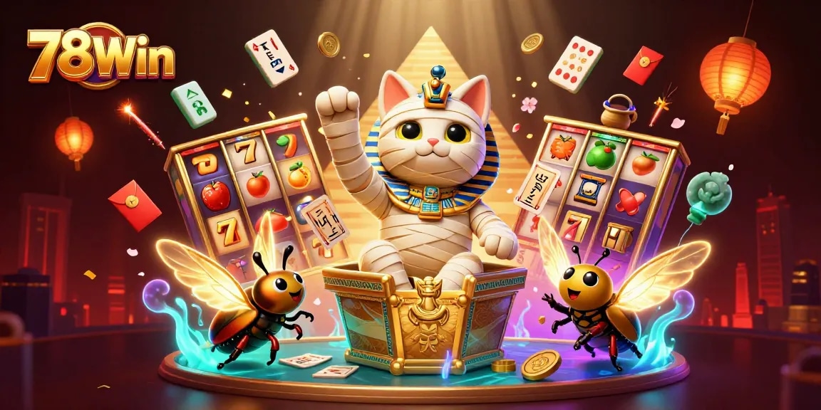 Experience thrilling gameplay with 78Win as the Egyptian mummy cat and scarab in a vibrant casino