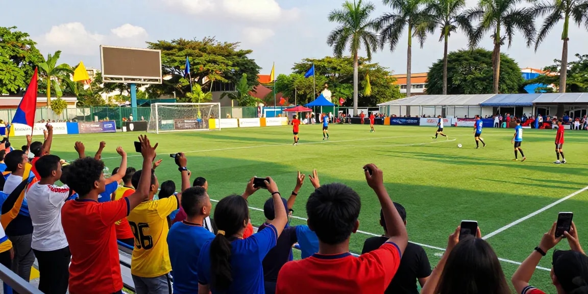 Football Betting Malaysia scene with local match, fans cheering and players in action, vibrant atmosphere.