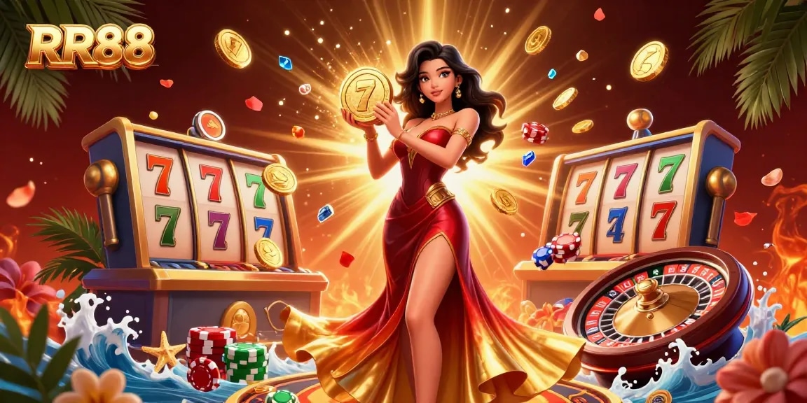 Experience the vibrant world of RR88 casino with exciting games and rewards in a colorful illustration.