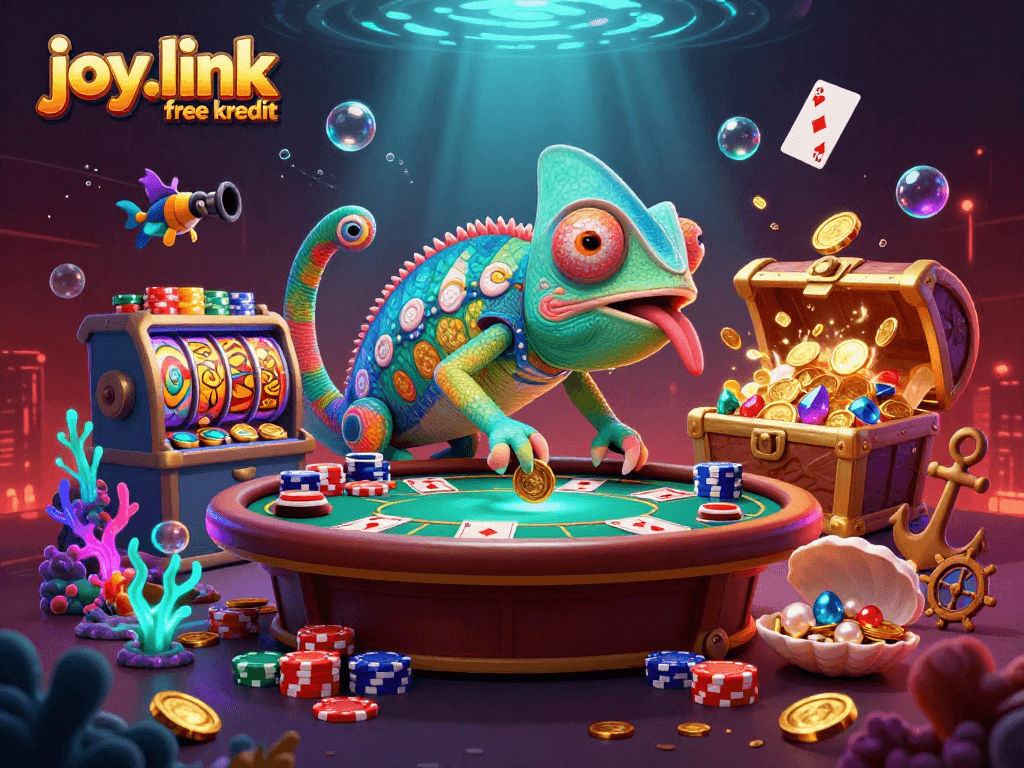 Experience excitement at joy.link free kredit with vibrant casino scene featuring colorful characters and game elements.