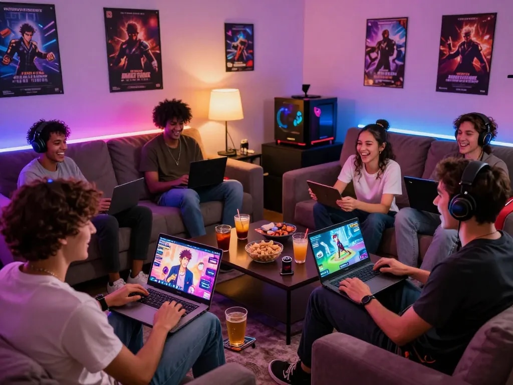Group of friends playing gay porn games in a vibrant gaming lounge, enjoying interactive fun together.