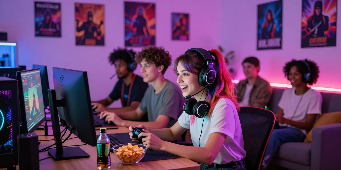 Group of friends enjoying a hentaigame session in a cozy living room with gaming decor.