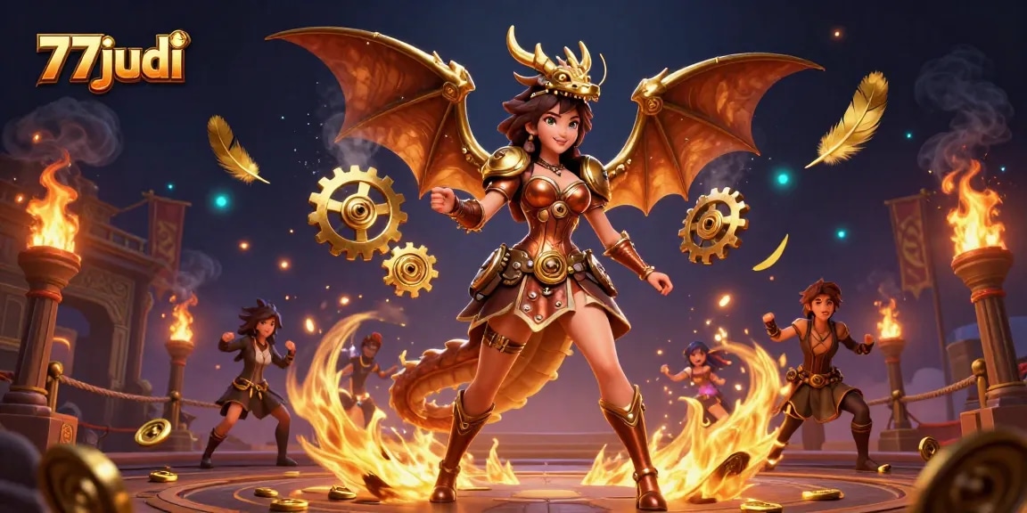 Engage with 77judi's thrilling casino experience amid a dynamic illustrated scene.