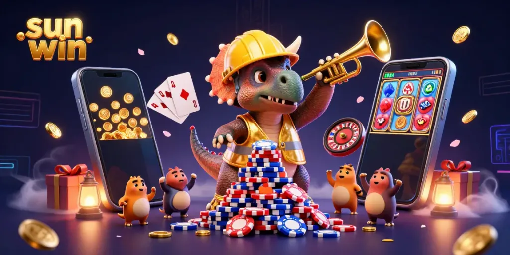 Join the fun at sun win with a triceratops building a poker chip pyramid amidst slot games and golden coins in a vibrant casino atmosphere.