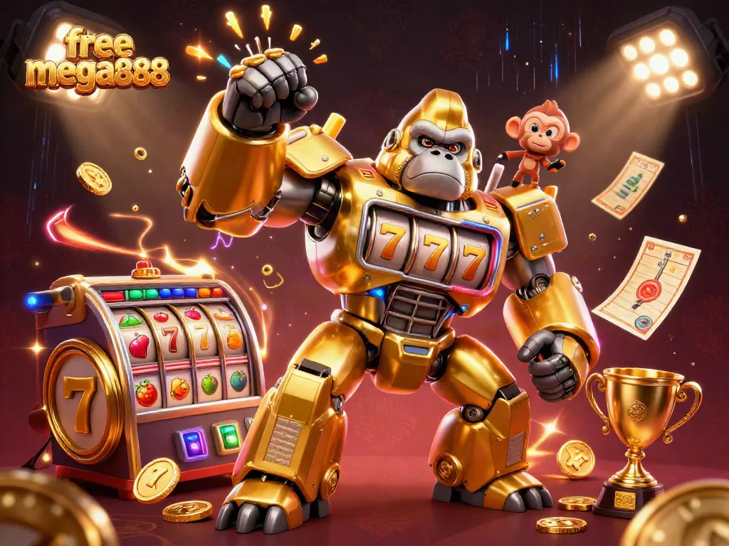 Experience endless gaming excitement with free mega888, featuring a dynamic golden gorilla mech surrounded by casino elements.