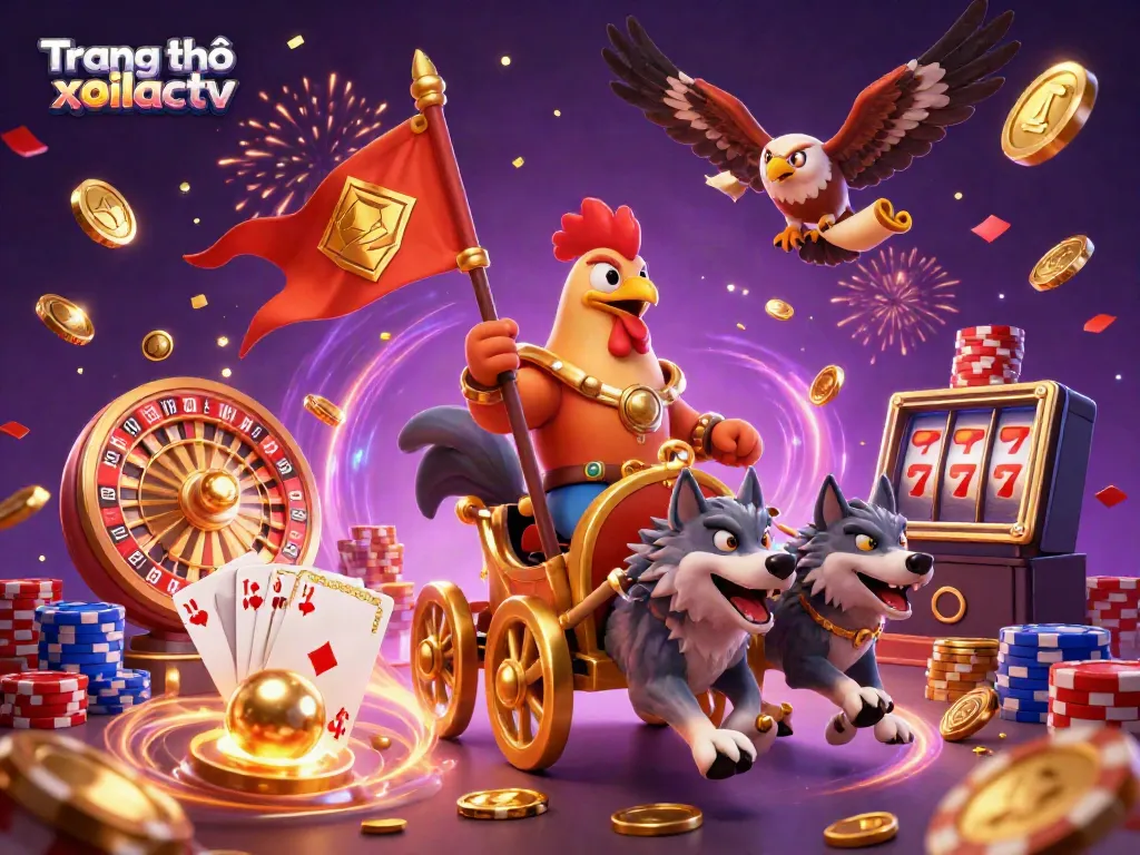 Engaging scenes from Trang chủ xoilactv featuring a rooster warlord in a triumphant display of gambling glory.