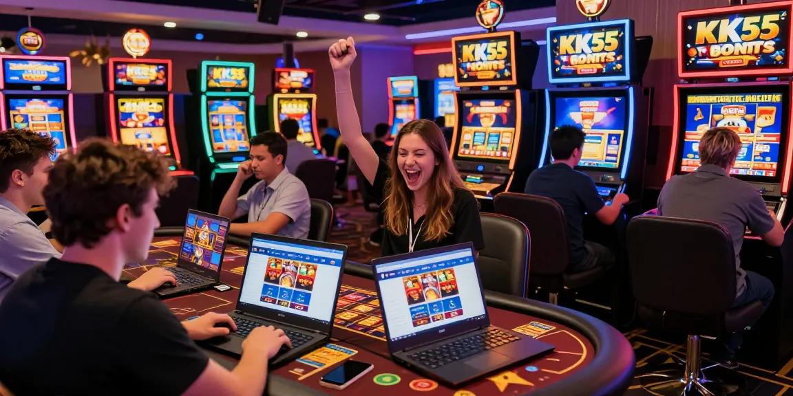 Exciting gaming scene at KK55, showcasing players celebrating in a vibrant online casino atmosphere.