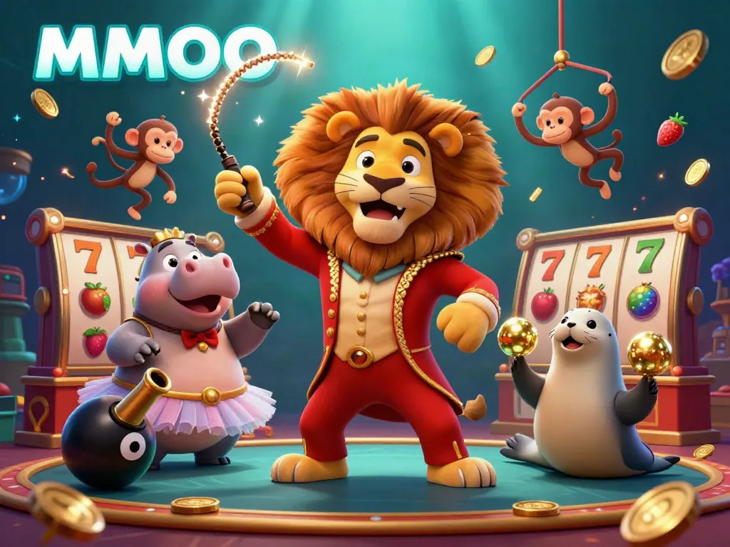 Experience dynamic gameplay with MMOO characters in a vibrant casino scene celebrating big wins.