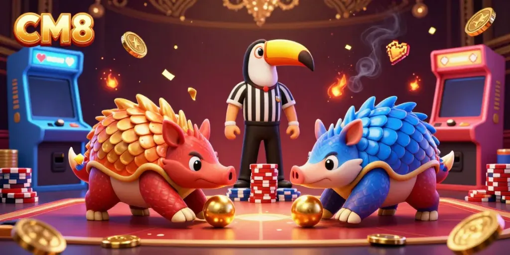 Experience vibrant competition in CM8's casino universe as pangolins roll golden balls and stack poker chips.