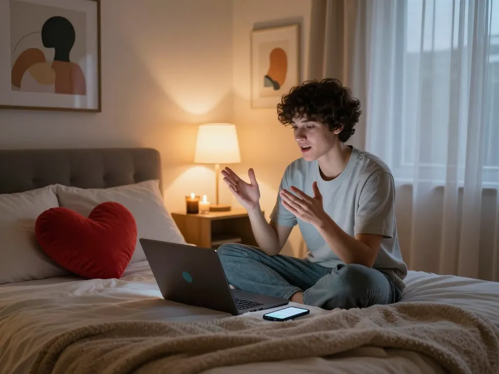 Engaging in AI sex chat in a cozy bedroom with warm lighting and intimate decor