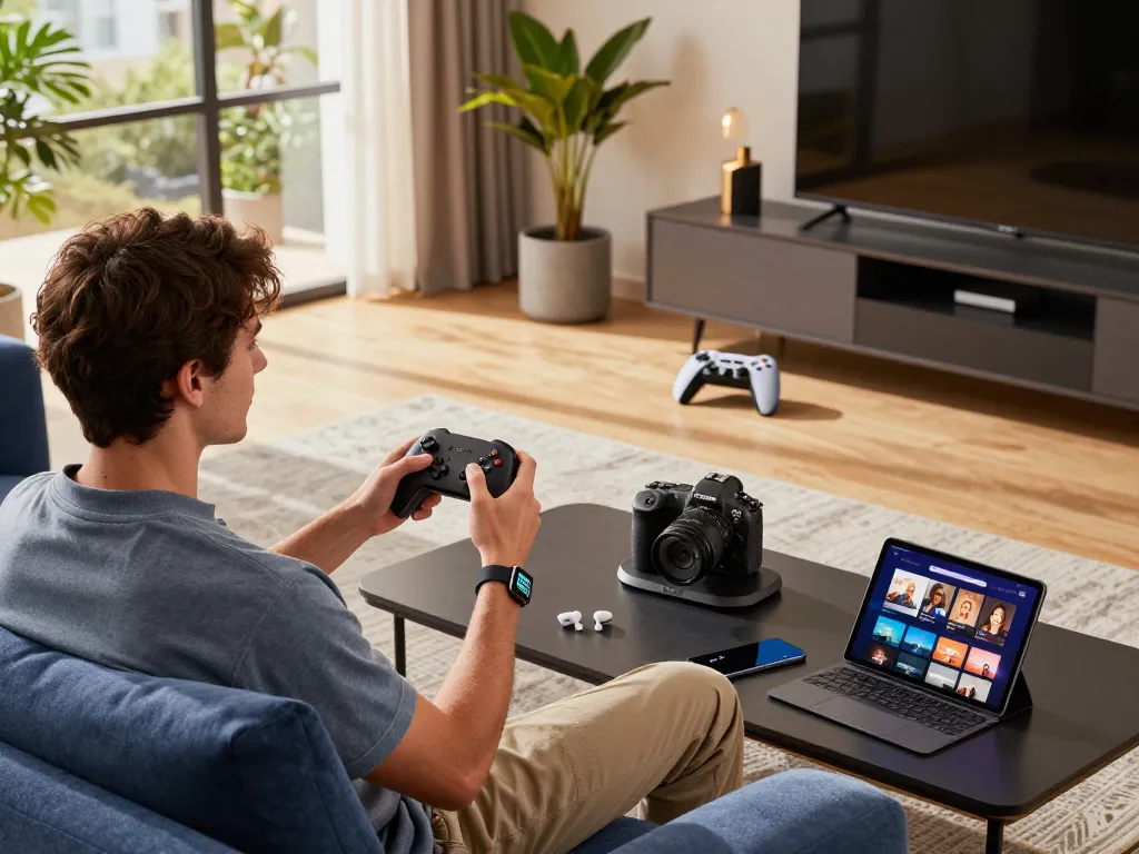 Young man enjoying best tech gadgets for men in a modern urban living room