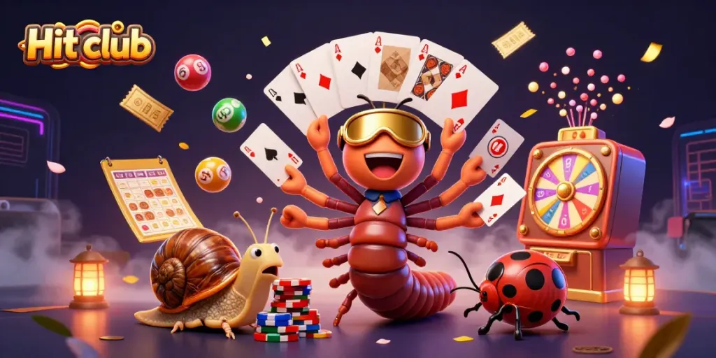 Engage in the thrilling Hit club experience with vibrant characters, cards, and casino elements.