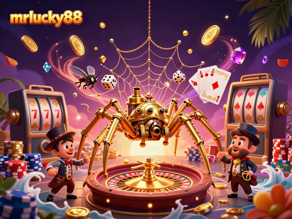 Engage with mrlucky88 in an ultra-detailed casino scene filled with vibrant gaming elements.