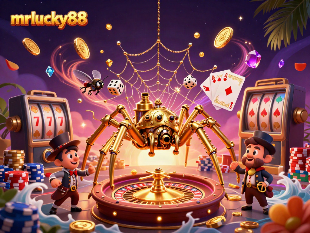 Engage with mrlucky88 in an ultra-detailed casino scene filled with vibrant gaming elements.