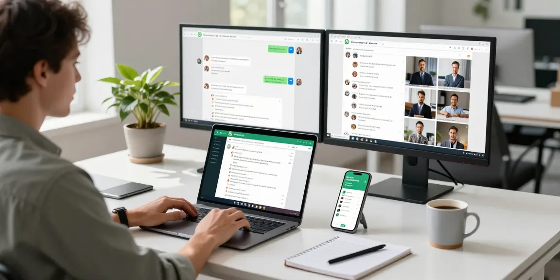 Professional workspace showcasing WhatsApp網頁版 on laptop with chat notifications visible.