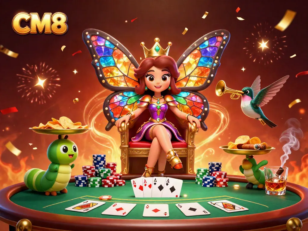 Engage with thrilling CM8 casino gameplay showcasing vibrant characters, chips, and festive elements.
