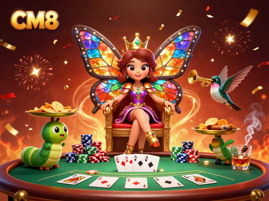 Engage with thrilling CM8 casino gameplay showcasing vibrant characters, chips, and festive elements.