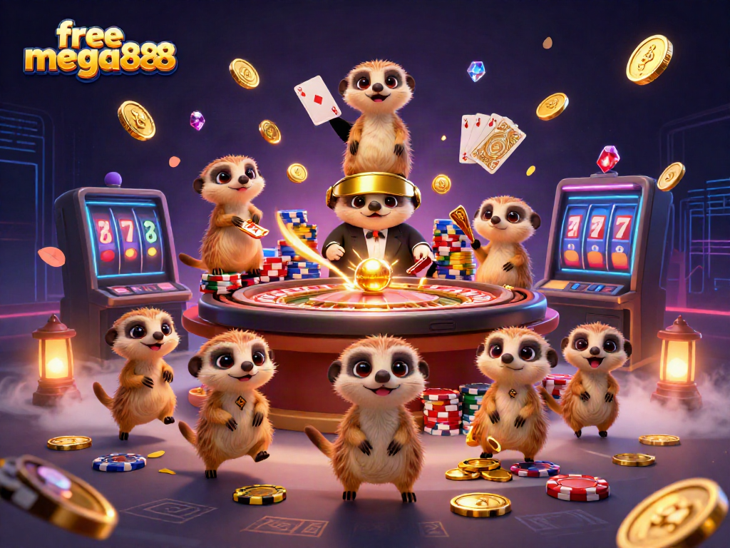 Experience the excitement of free mega888 with meerkats in a lively casino scene filled with winning moments.