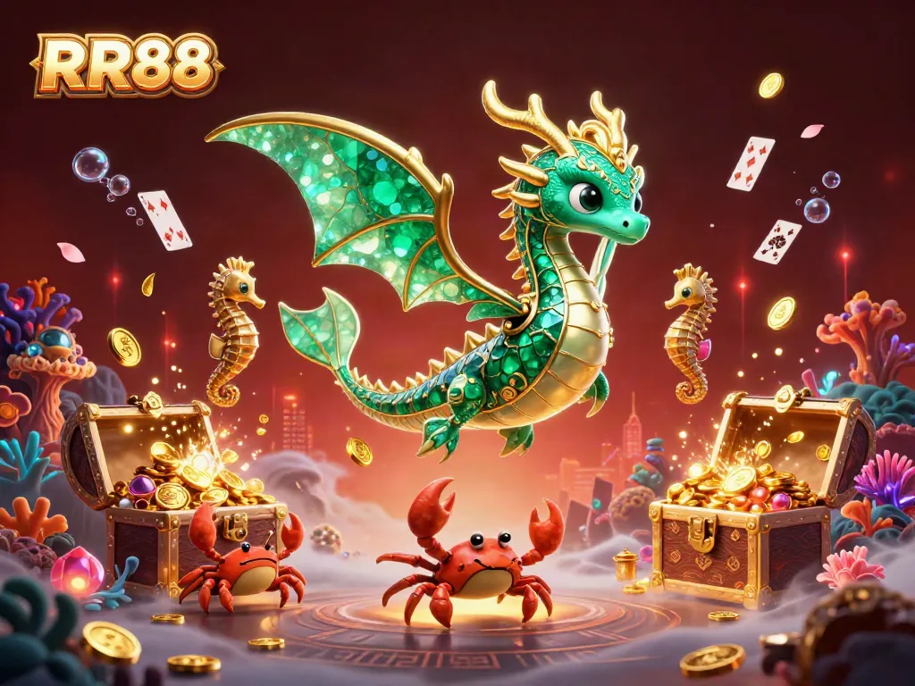 RR88's vibrant sea dragon glides in an enchanted underwater casino experience, exploding with treasures.